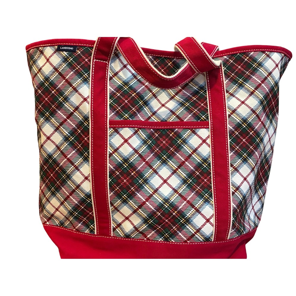 Lands End Canvas Tote Bag Unisex Large Red Plaid Excellent Holiday Travel Bag